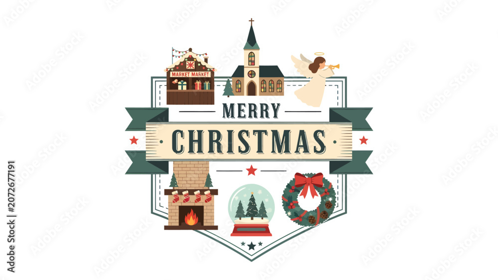 Fototapeta premium Merry Christmas Emblem: A charming festive emblem encapsulates the spirit of Christmas, featuring a cozy fireplace, a snow-covered village scene inside a snow globe, a twinkling Christmas tree.