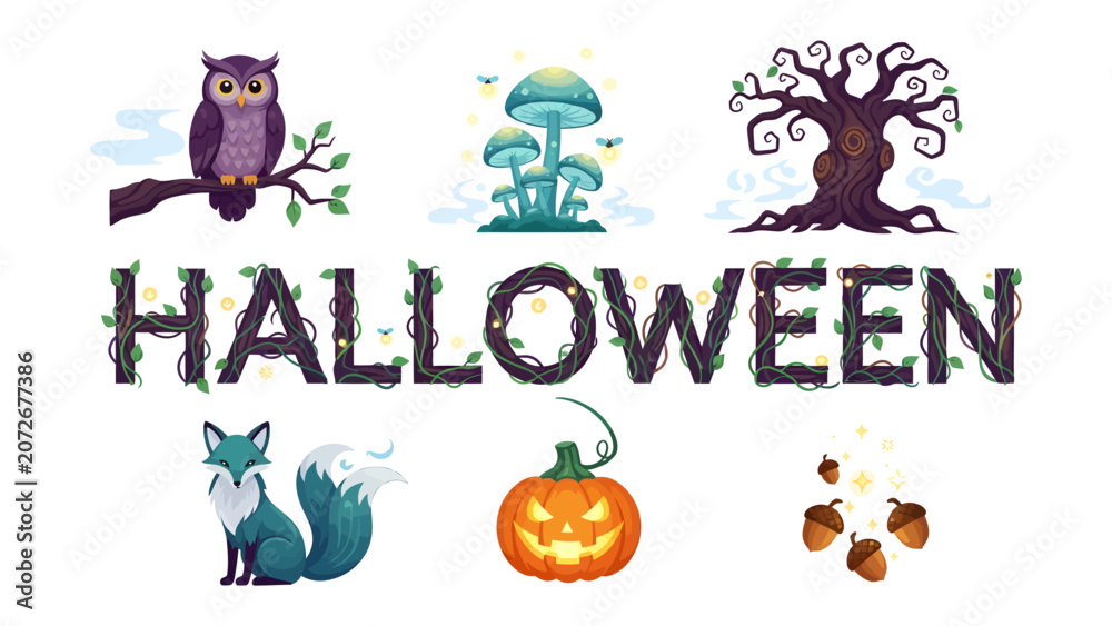 Fototapeta premium Halloween Set: A collection of whimsical Halloween-themed illustrations, featuring an owl, mushrooms, a spooky tree, a fox, a carved pumpkin, acorns.
