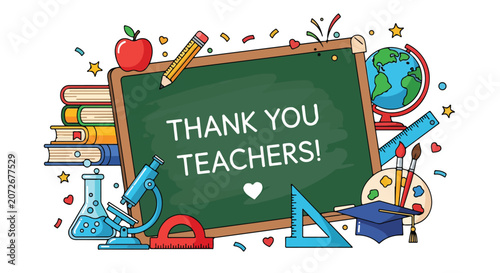 Canvastavla Colorful illustration of school supplies and a chalkboard with a thank you messa