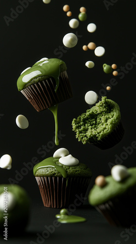 Matcha cupcake artisan deconstruction showcasing pouring green glaze and suspended white chocolate chips.