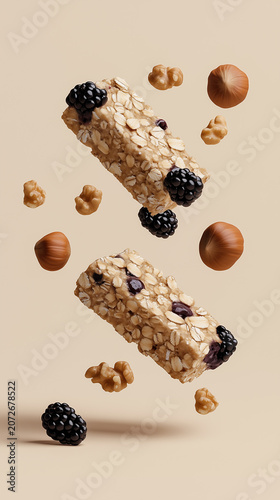 Oatmeal bar with blackberry and hazelnut suspended in precise geometric levitation showcasing a minimalist vegan dessert.