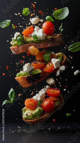 Levitating artisanal bruschetta featuring meticulously layered mashed avocado, crumbled white cheese, and cherry tomato