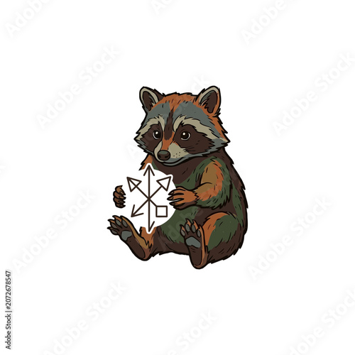 Friendly Raccoon Character Holding Geometric Compass With Navigation Arrows And Directional Symbols For Exploration Vector Illustration