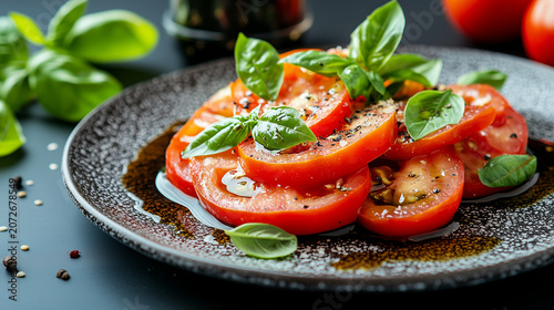 Plant-based tomato and basil salad featuring meticulously layered slices and minimalist gourmet plating with oil and spice dressing.