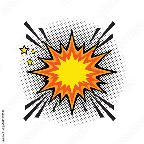 Comic book explosion with halftone dots and radial lines, dynamic cartoon boom effect with stars on transparent background.