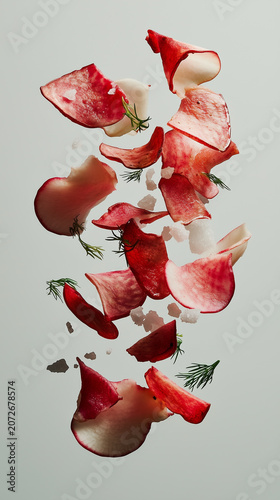 Radish slice minimalist textural study levitating with translucent salt crystal and green dill sprig