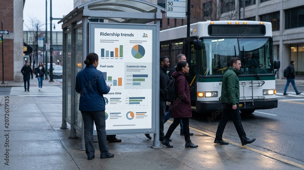 Fototapeta premium Morning Bus Stop Commuter Shift With Transit Trend Poster Infographic