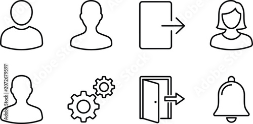Collection of simple line icons representing user profiles settings login logout and notifications ideal for web and app interfaces