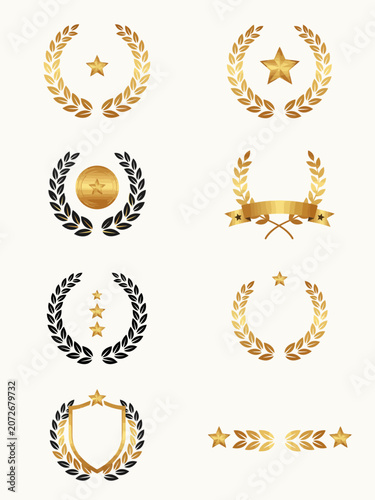 Golden Laurel Wreaths with Stars and Shields on White Background