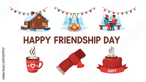 Fotografie Happy Friendship Day Celebration: A collage of heartwarming winter scenes depicts cozy cabins, crackling campfires, a loving couple, steaming mugs of cocoa, and festive decorations