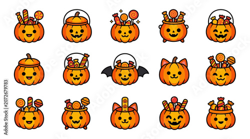 Fotografía Halloween pumpkin bucket illustrations with candy and sweets on white background