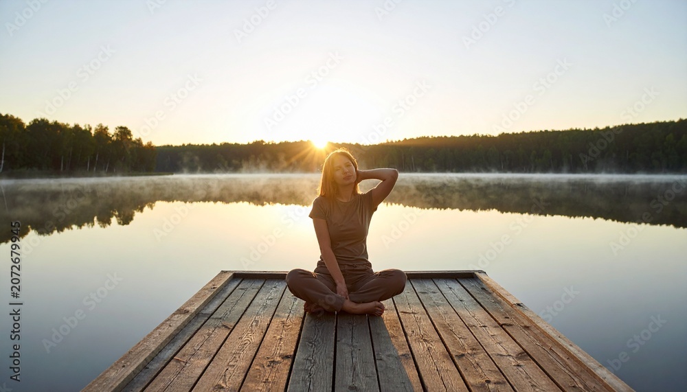 Fototapeta premium Woman listening to nature sounds by a lake at sunrise for digital detox, sensory awareness, and mental peace concepts.