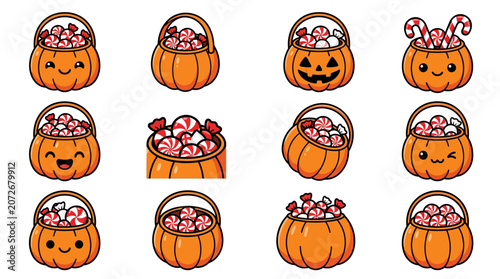 Εκτύπωση καμβά Illustration of various smiling and spooky pumpkin buckets filled with candy on