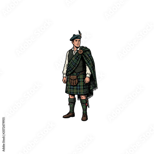 Obraz na plátně Scottish Highlander In Green Tartan Kilt With Plaid Cape Secured By Ornate Brooc