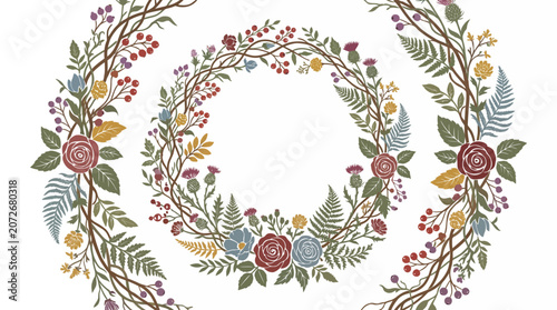 Floral Wreath and Branches with Roses, Berries, and Ferns