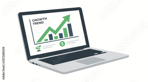 Laptop displaying growth trend chart and upward arrow, business finance concept