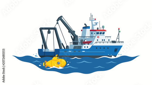 Research Vessel with Submarine Exploration on Ocean Waves