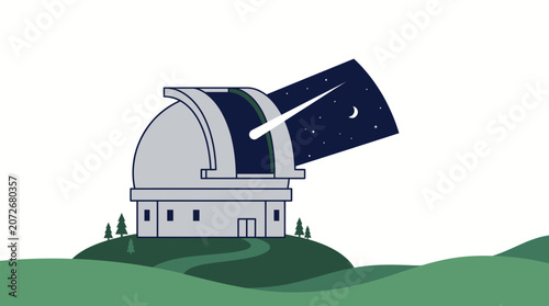 Observatory dome opens to reveal starry night sky with comet and moon.
