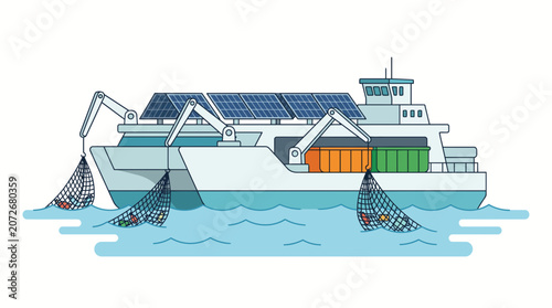 Sustainable Fishing Boat with Solar Panels and Nets Catching Fish