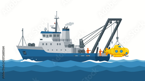 Research Vessel Deploying Yellow Submarine for Ocean Exploration and Scientific Research