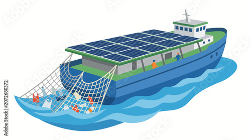 Eco-friendly fishing boat with solar panels catching fish with net