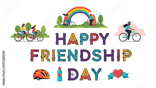 Fotografía Happy Friendship Day: A vibrant illustration celebrating friendship, featuring people cycling under a rainbow, with text proclaiming Happy Friendship Day