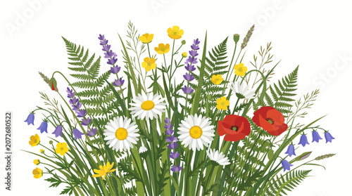 Vibrant Summer Meadow Bouquet: Poppies, Daisies, Lavender, Buttercups, Bluebells, Ferns