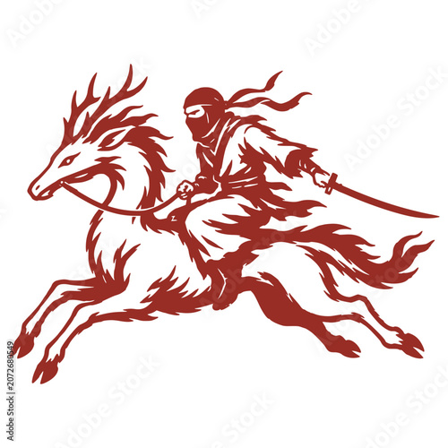 Tableau sur toile A mythical samurai rides a deer-like creature with a sword in hand, conveying a sense of ancient Japanese folklore and legend