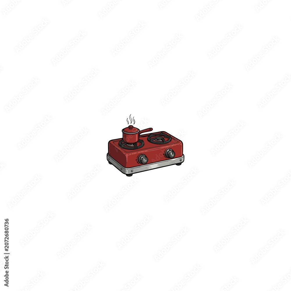 Naklejka premium Red Enamel Camping Stove With Dual Burner Controls Steaming Cookpot And Metallic Base Trim Vector Illustration