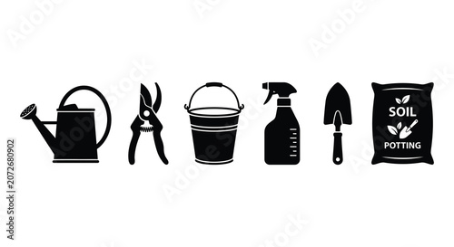 Fotografi Gardening Tool Silhouettes Black Vector Illustrations On White Background