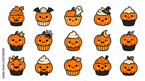 Fotografia Halloween cupcakes with smiling pumpkin faces and festive decorations on white background, yu 131