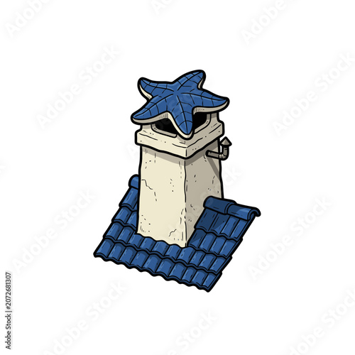 Whimsical Cottage Chimney Topped With Blue Starfish And Dark Tiled Roof Architectural Structure Vector Illustration