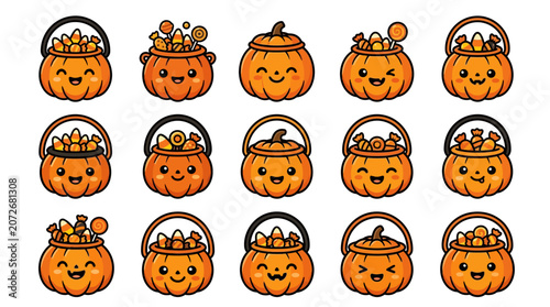 Canvastavla Halloween pumpkins with candy in baskets on white background yu 133