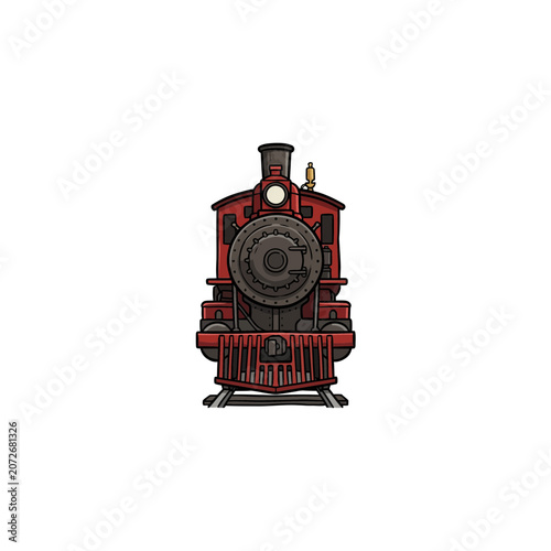 Vintage Red Steam Locomotive With Tall Smokestack Brass Accents Prominent Driving Wheel And Classic Front Facing View Vector Illustration