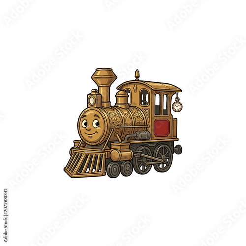 Whimsical Steampunk Locomotive With Ornate Brass Details Anthropomorphic Face Hanging Pocket Watch And Decorative Flourishes Vector Illustration