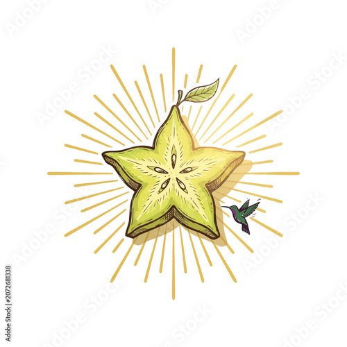 Glowing Golden Starfruit With Radiant Sunburst Rays Tiny Hummingbird Companion And Luminous Presence Vector Illustration