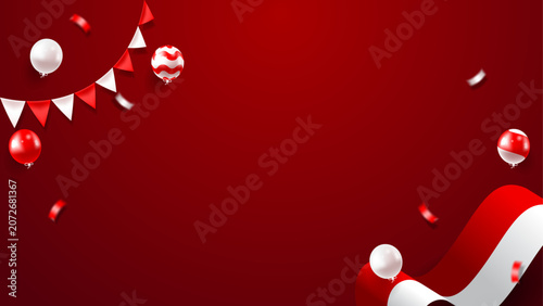 Red white balloons flag streamers confetti festive background celebration theme indonesian independence day.