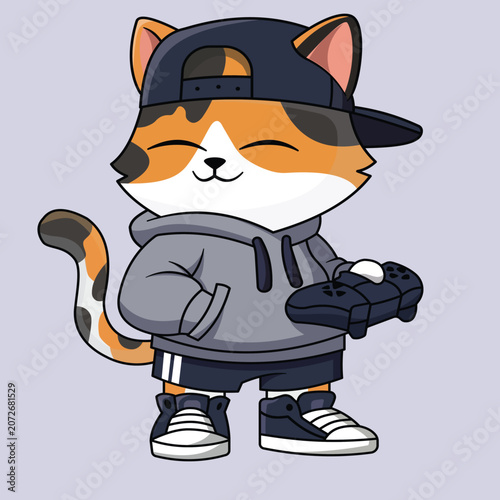 A cartoon calico cat wearing a hoodie plays video games with a controller. Illustration of a calico cat in casual clothes playing video games. cat, calico, gamer, video, game