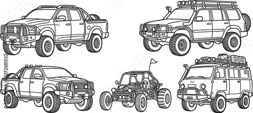 Billede på lærred Off Road Vehicles Line Art Vector Icon Set Featuring Four by Four Trucks, Adventure SUV, Dune Buggy, and Camper Van for Coloring Books or Car Decals