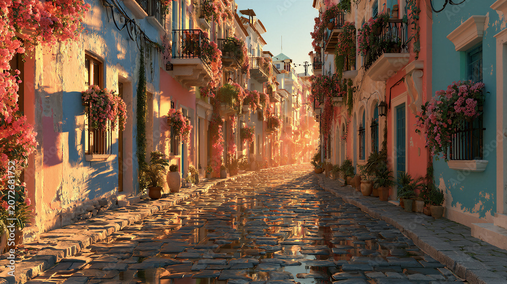 Fototapeta premium Ancient European cobblestone alley with pastel facades, blooming balconies, and wet stone reflections under golden morning sun rays, ideal for travel website banners and tourism campaigns.