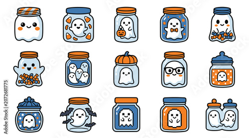 Konstfotografi Halloween ghosts in various jars with orange and blue lids and decorations on wh