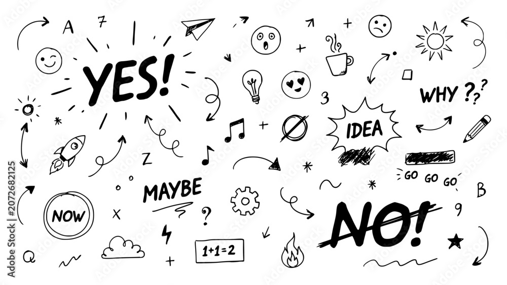 Obraz premium Symbolic Doodle Elements on Paper Background with Playful Words, Icons, and Abstract Shapes for Creative Design Concept
