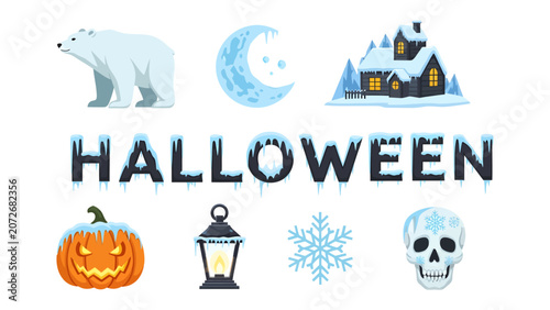 Foto Winter Halloween Elements: A compilation of frosty Halloween-themed icons, featuring a polar bear, crescent moon, snow-covered house, carved pumpkin, lantern, snowflake, and skull