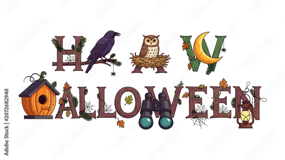 Fototapeta premium Halloween Themed Typography: Whimsical letters spell out HALLOWEEN adorned with spooky and autumnal elements like a crow, owl, moon, birdhouse, binoculars, and lantern.
