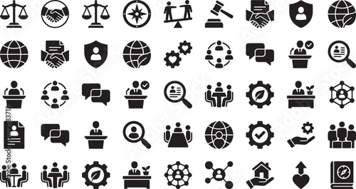 Schilderij op canvas Set of diverse black and white icons representing business, law, technology, and