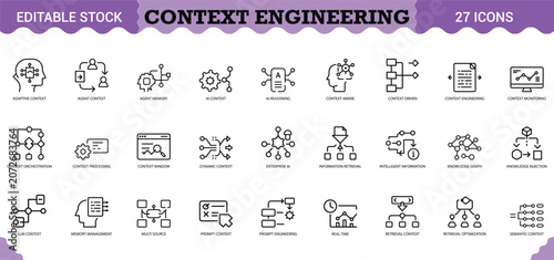 Fényképezés PrintContext Engineering Icon Set - 27 Editable Vector Icons for AI Reasoning & Prompt Optimization