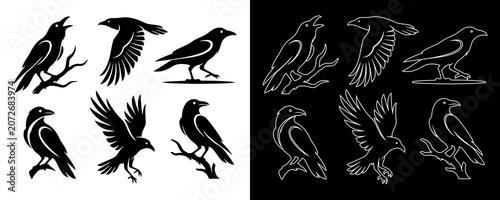 Raven and Crow Logo Vector Set: Mystical Black Bird Silhouettes and Line Art Icons for Modern Branding, Tattoo, and Mascot Design