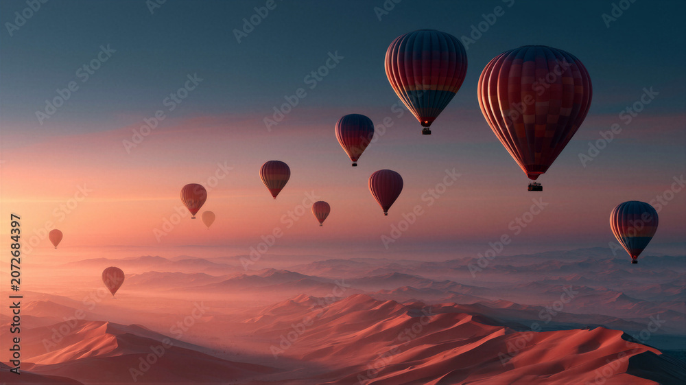 Fototapeta premium Hot air balloons silhouetted over desert dunes at sunrise, glowing with golden light. Cinematic landscape photo with gradient sky and negative space for travel banners and tourism campaigns.