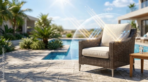 Outdoor patio armchair protected from sun UV rays by glowing shield heat reflective fabric concept.