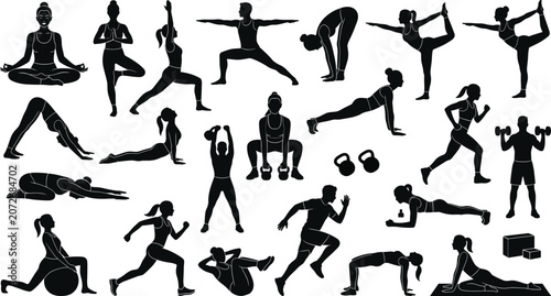 Canvas Print Fitness and yoga silhouette set with workout poses, gym training exercise vector